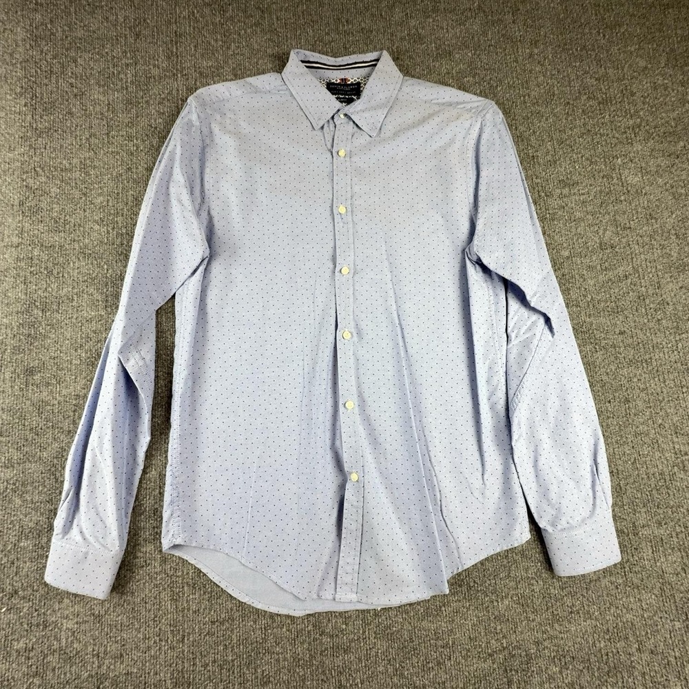 Denim & Flower Mens Large Blue Polka Dot Slim Fit Cotton Long Sleeve Dress Shirt